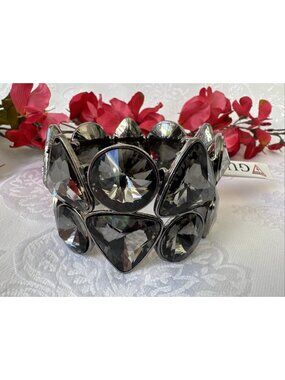 Guess Brand Wide Cuff Pewter Silver Tone Faux Stone Chunky 2" Bracelet NEW $40